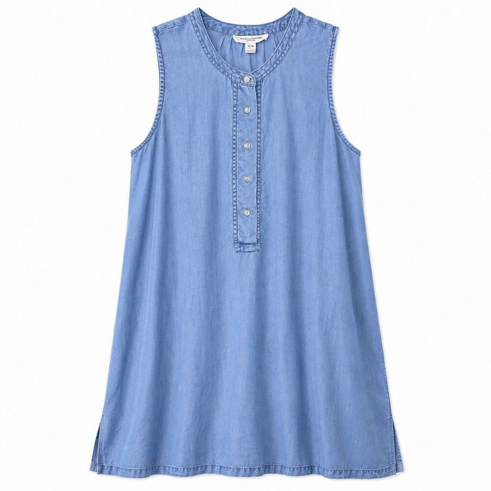 Beach Lunch Lounge Women’s Sleeveless Half Button Light Denim Dress Size Medium